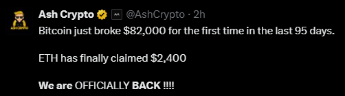 Ash Crypto tweet: We are officially back